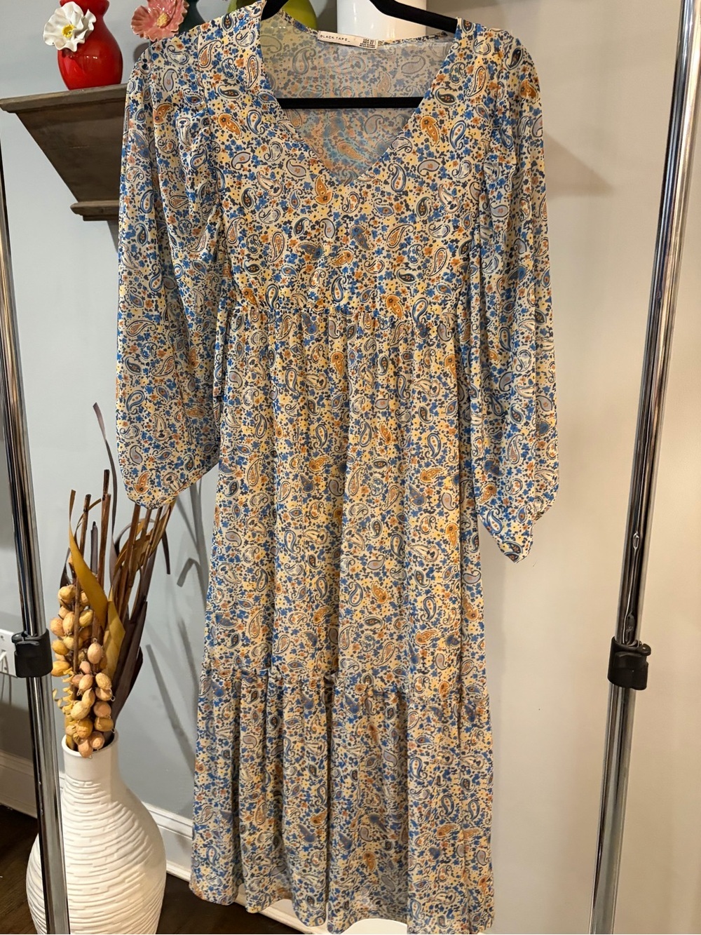 Black Tape _Paisley Tiered Long Sleeve Midi Dress in Blue and Yellow size XS
